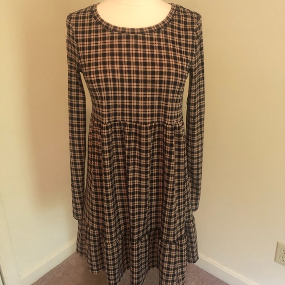 brown gingham babydoll dress Brown And Off White Gingham Babydoll Dress | Purple Door main image 0